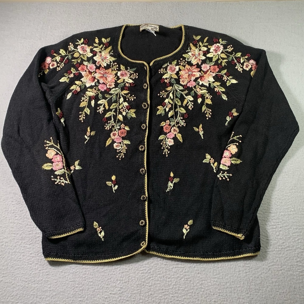 Heirloom Collectibles M Black Cardigan Floral Embroidered Button Front Sweater